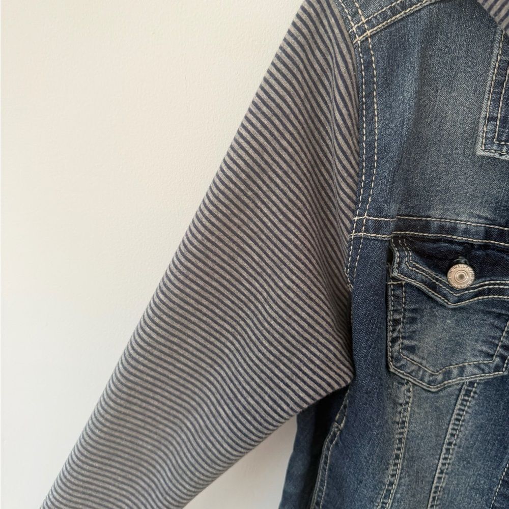 Wallflower Blue Denim Jacket with Gray Hood & Striped Knit Sleeves - Picture 3 of 5